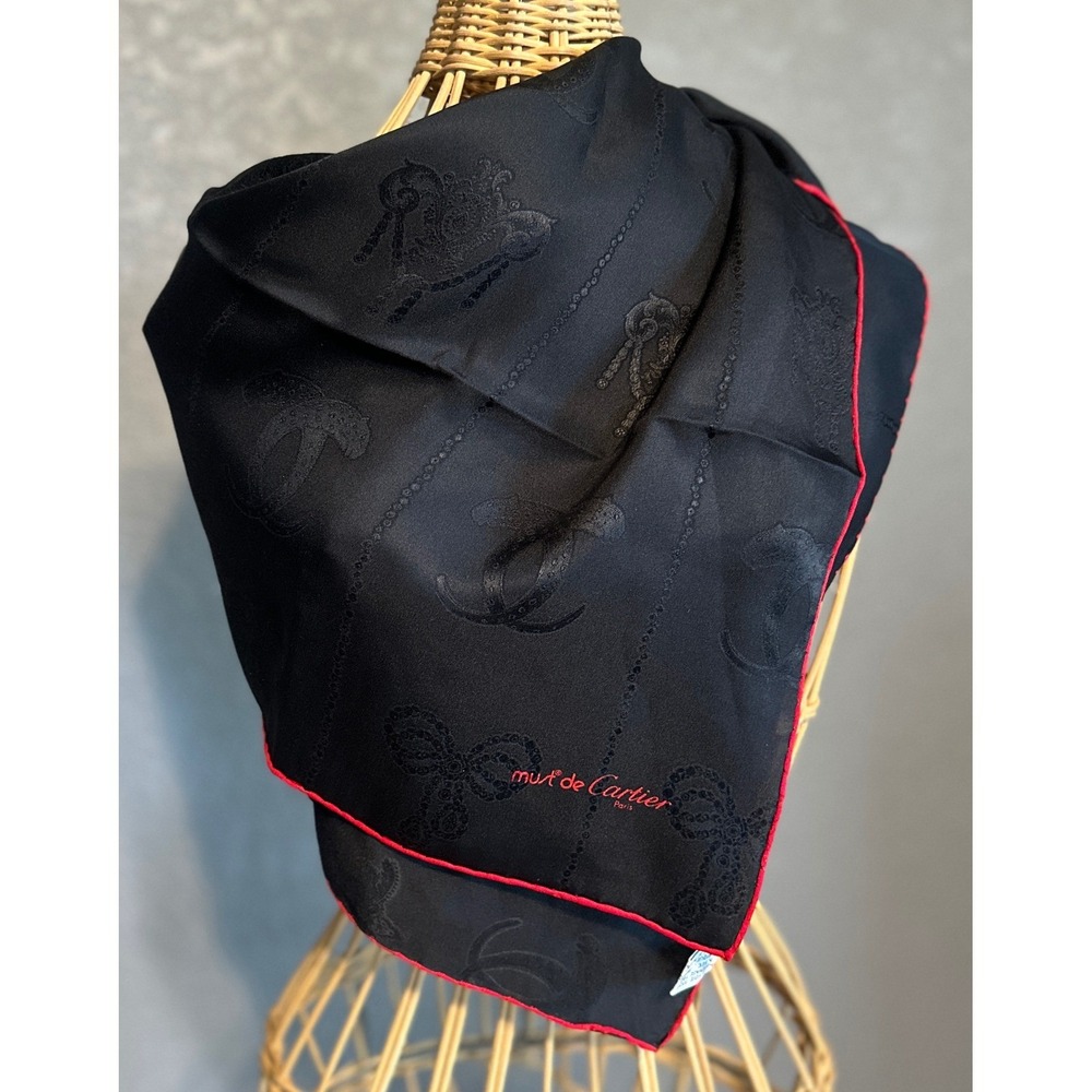 Must de Cartier Paris Silk Scarf Black Red Jacquard Logo Bows DF022312 Vintage